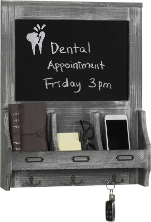 MyGift Wall Mounted Entryway Mail Holder and Key Organizer Rack in Rustic Graywashed Wood Finish with Decorative Chalkboard