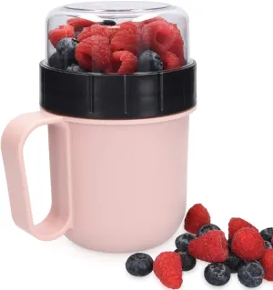 Navaris Breakfast To Go Cup - Portable 2-Piece Food Container Pot for Cereal, Yogurt, Oatmeal - Microwave and Dishwasher-Safe, BPA-Free - Pastel Pink