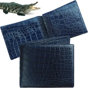 Navy Blue Wallet for Men Bifold Belly Leather Passcase Design RFID Blocking Front Pocket Security and Durable Double Side Crocodile Exotic Leather Minimalist Wallet Travel ID With 8 Card Slot