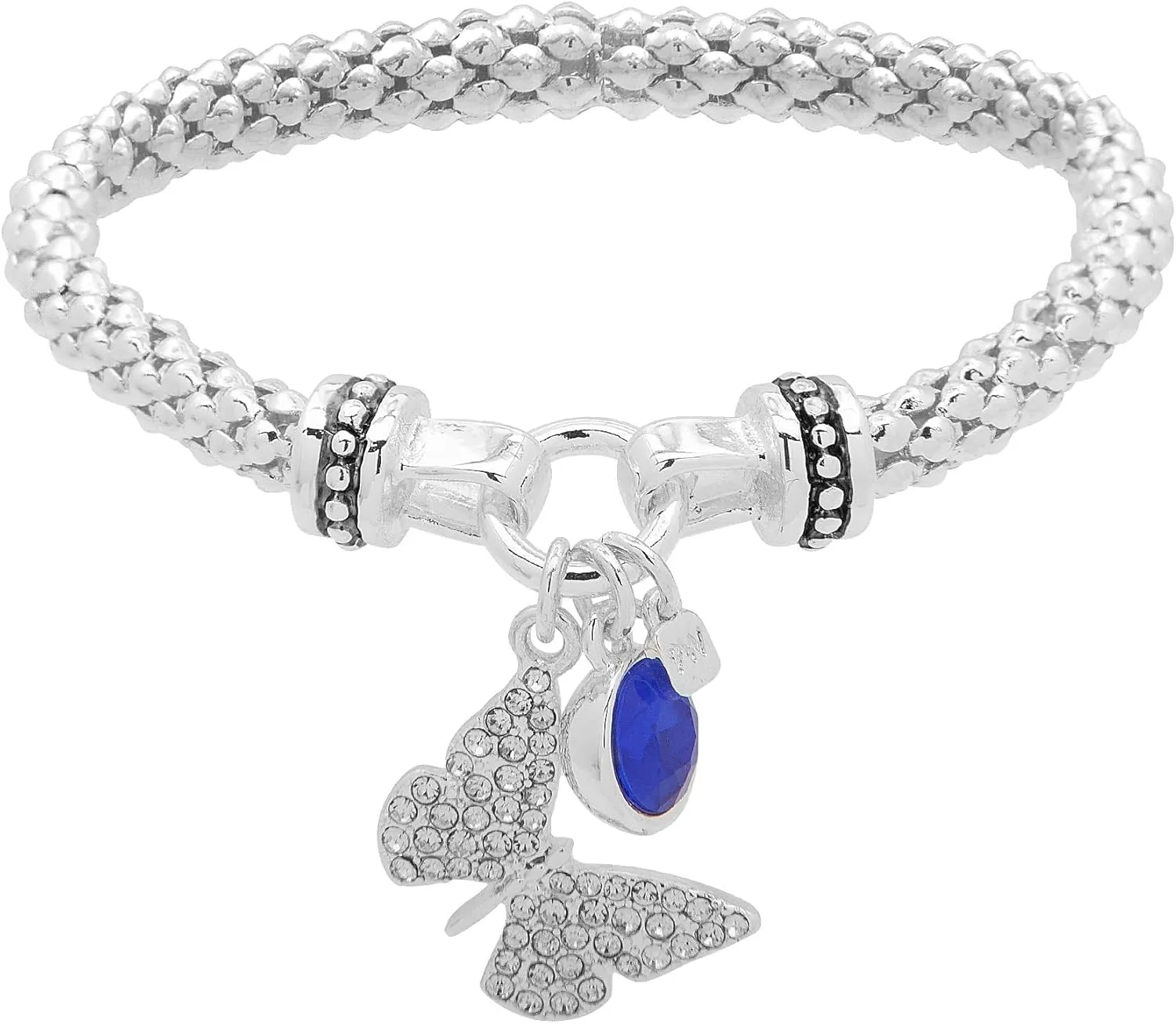 Nine West Women's Boxed Silver Popcorn Chain Stretch Bracelet With Butterfly and Stone Charms