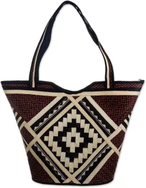 NOVICA Handwoven Natural Fiber Shoulder Bag from Colombia Black Brown Tote 'Ancestral Lands'