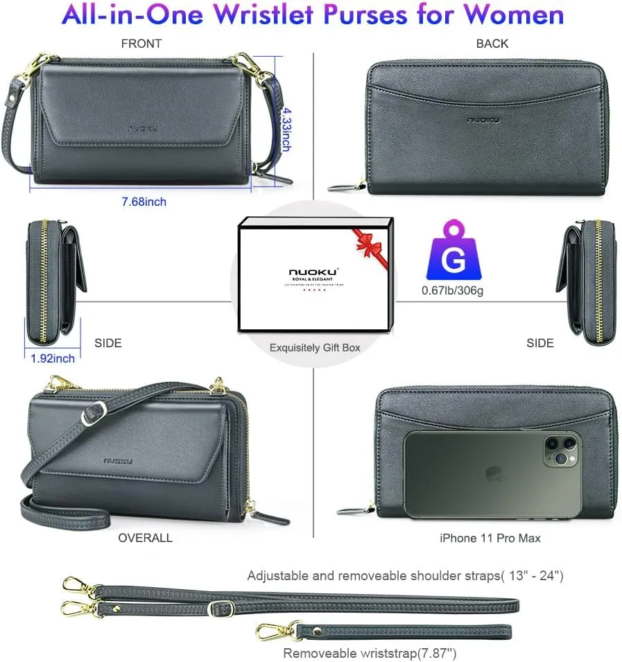 nuoku Womens RFID Wallet Purse Wristlet Crossbody Clutch with Zip Around 2 Strap
