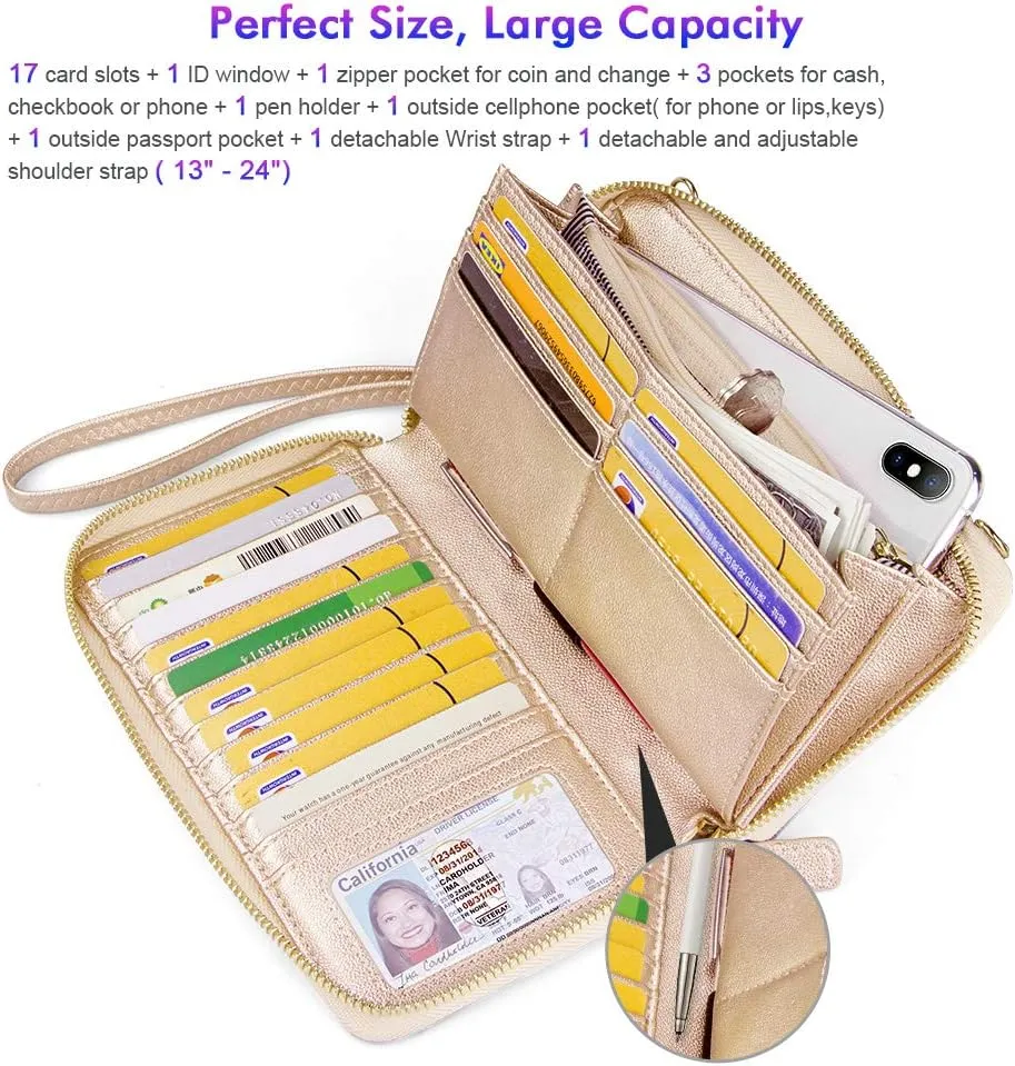 nuoku Womens RFID Wallet Purse Wristlet Crossbody Clutch with Zip Around 2 Strap