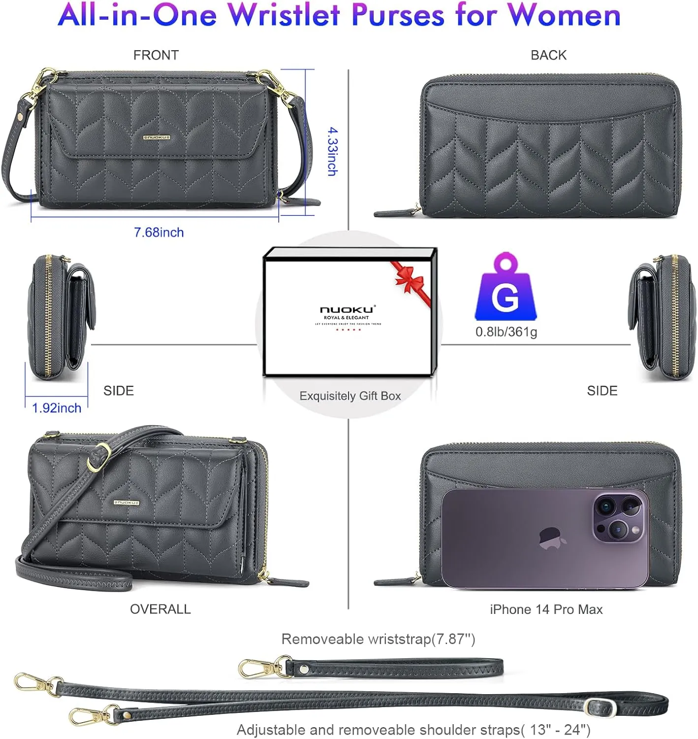 nuoku Womens RFID Wallet Purse Wristlet Crossbody Clutch with Zip Around 2 Strap