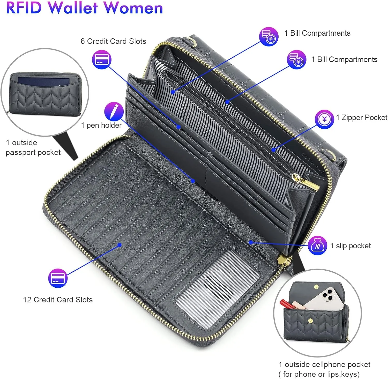 nuoku Womens RFID Wallet Purse Wristlet Crossbody Clutch with Zip Around 2 Strap