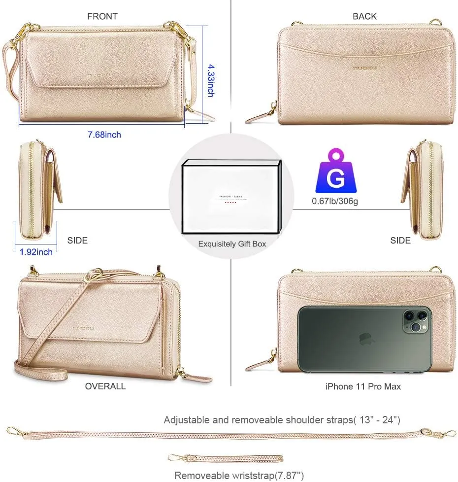 nuoku Womens RFID Wallet Purse Wristlet Crossbody Clutch with Zip Around 2 Strap