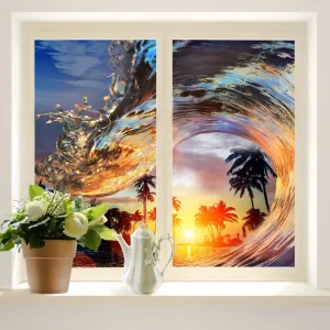 Ocean Surfing Theme UV Blocking Window Film Summer Tropical Beach Palm Trees Sunset Waves Window Protection Static Decorative Window Stickers-23.6W x47.2L in x2Pcs
