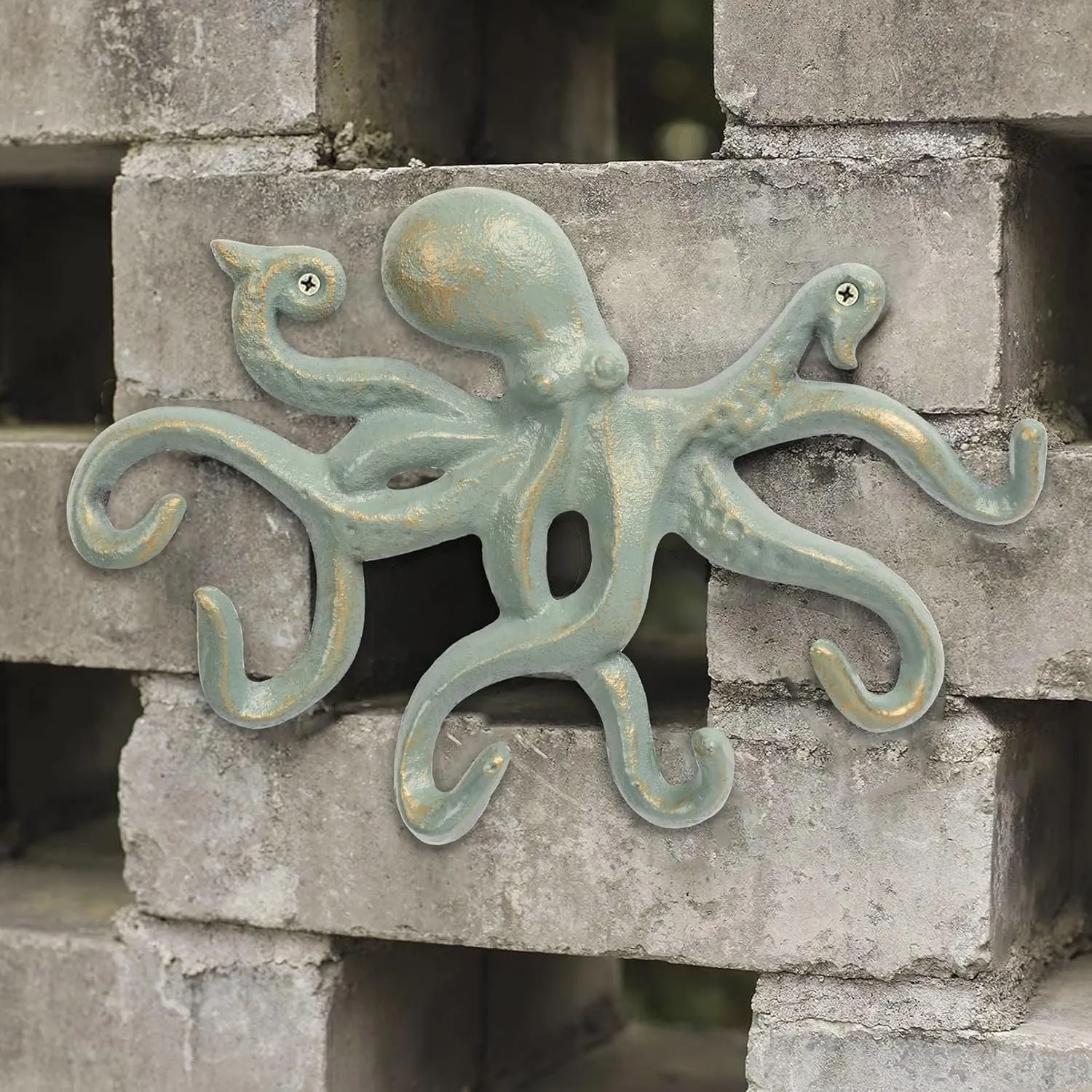 Octopus Iron Wall Hooks for Hanging, Rustic Decorative Hooks/Key Holder/Coat Hooks/Towel Hooks with 6 arms - Gold Green