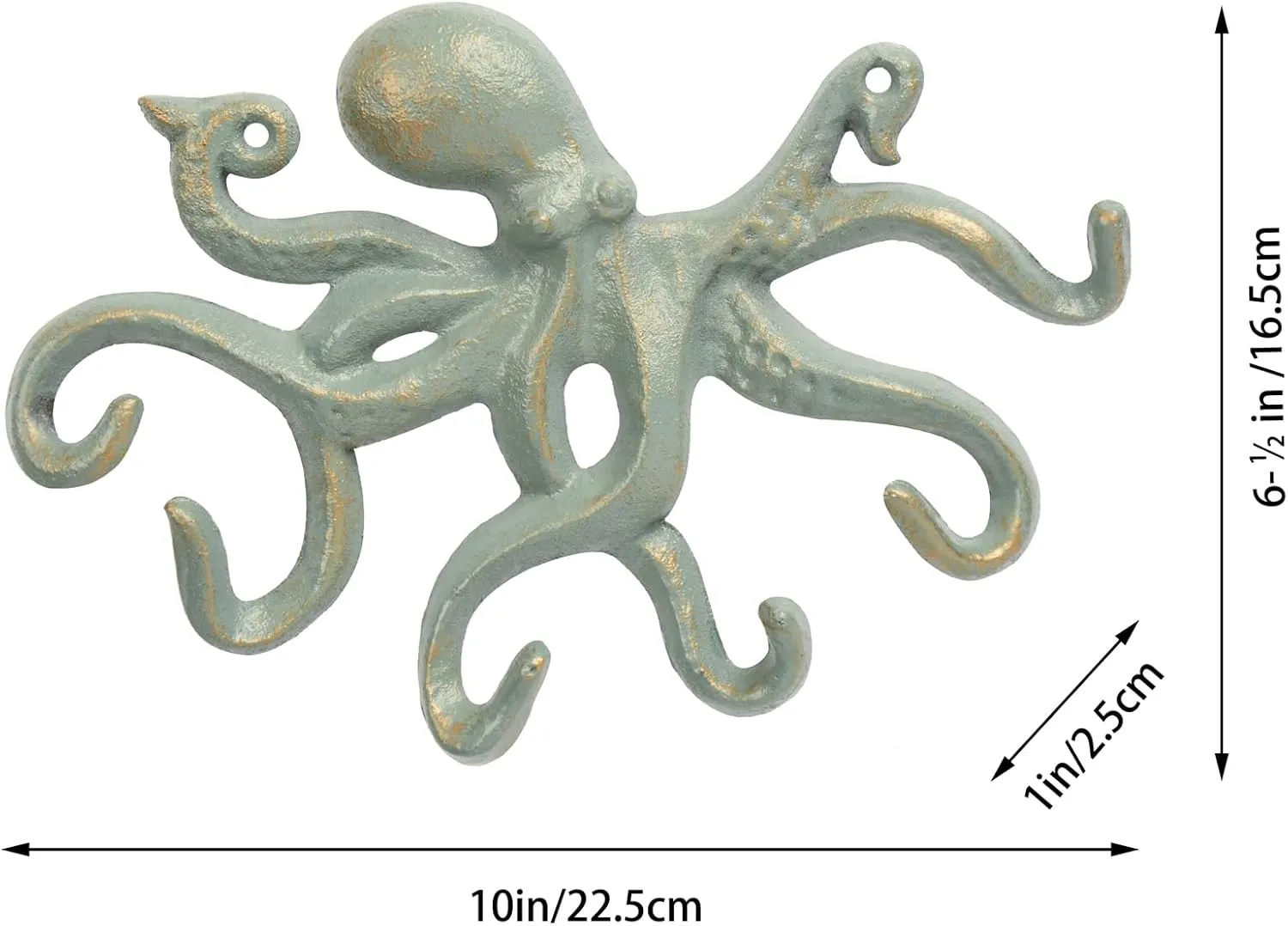 Octopus Iron Wall Hooks for Hanging, Rustic Decorative Hooks/Key Holder/Coat Hooks/Towel Hooks with 6 arms - Gold Green