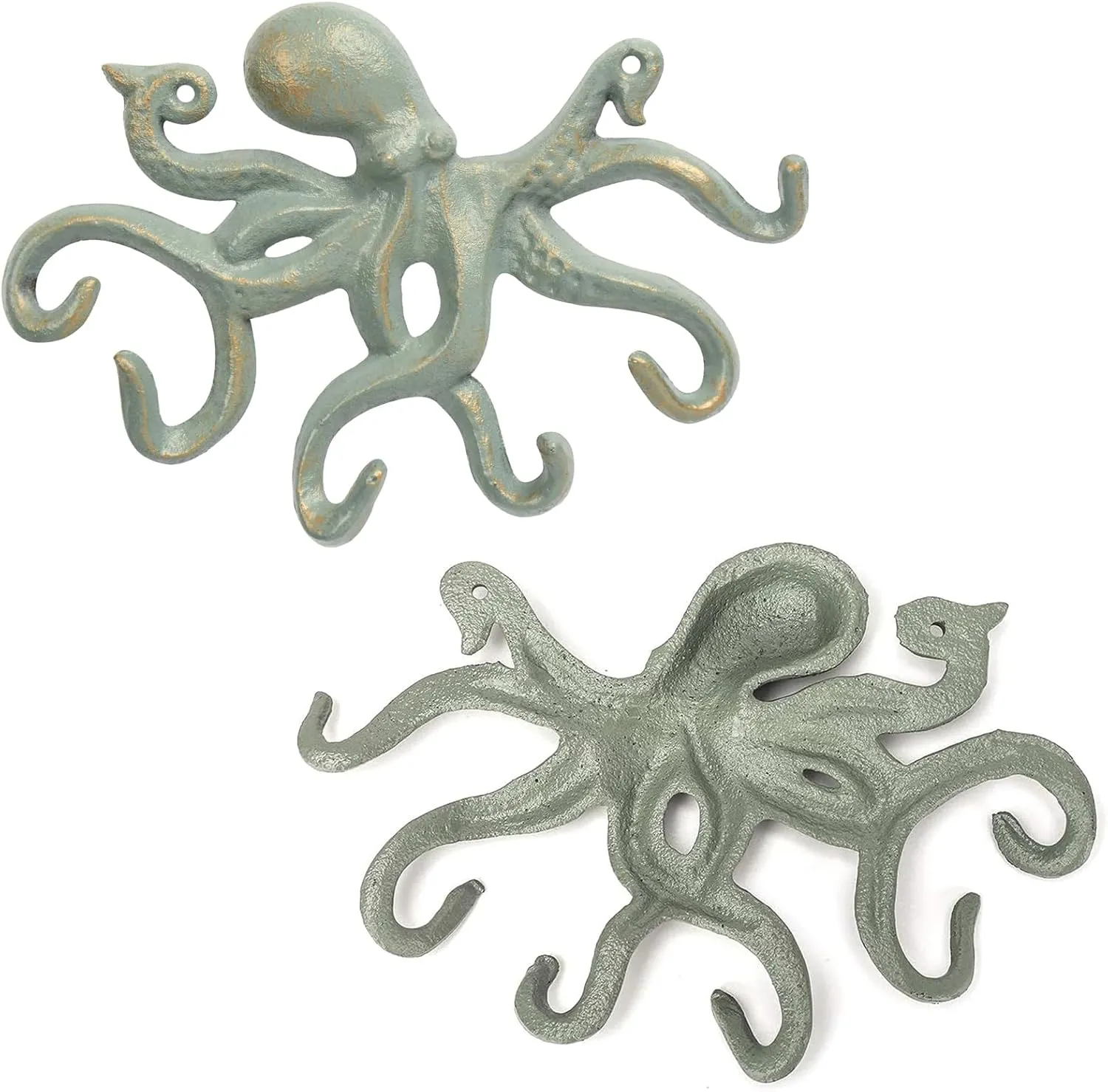 Octopus Iron Wall Hooks for Hanging, Rustic Decorative Hooks/Key Holder/Coat Hooks/Towel Hooks with 6 arms - Gold Green