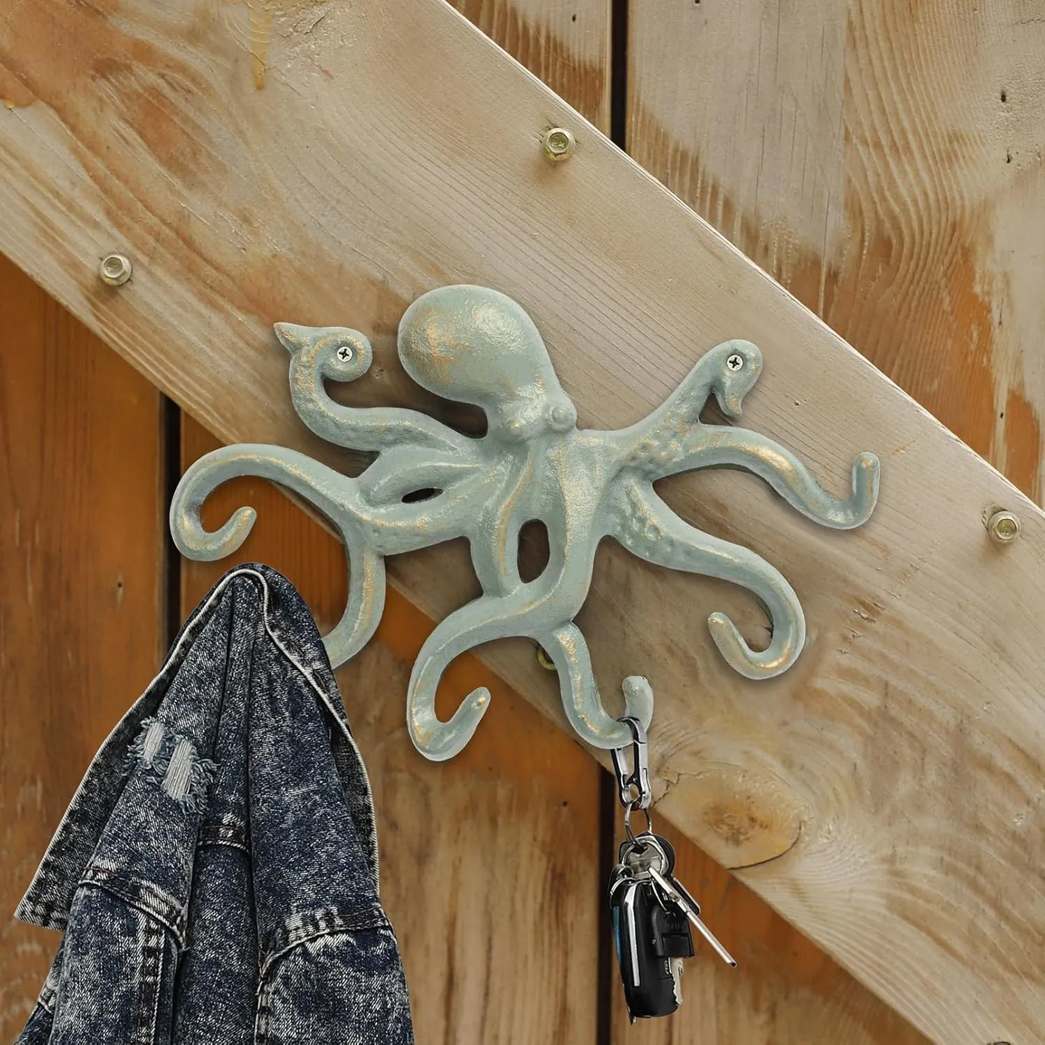 Octopus Iron Wall Hooks for Hanging, Rustic Decorative Hooks/Key Holder/Coat Hooks/Towel Hooks with 6 arms - Gold Green