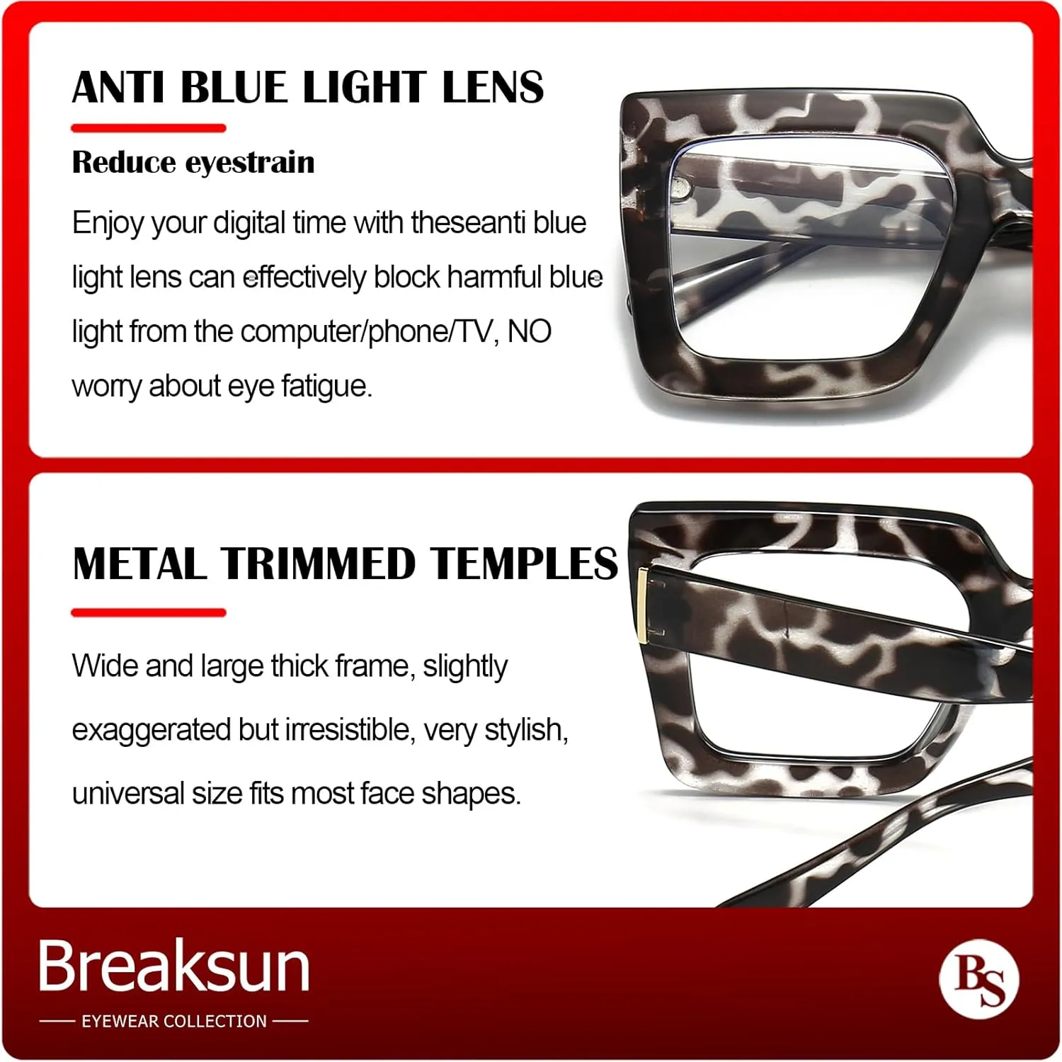 Oversized Blue Light Glasses for Women Fashion Thick Square Computer Eyewear Non-Prescription Black Glasses (White Leopard)