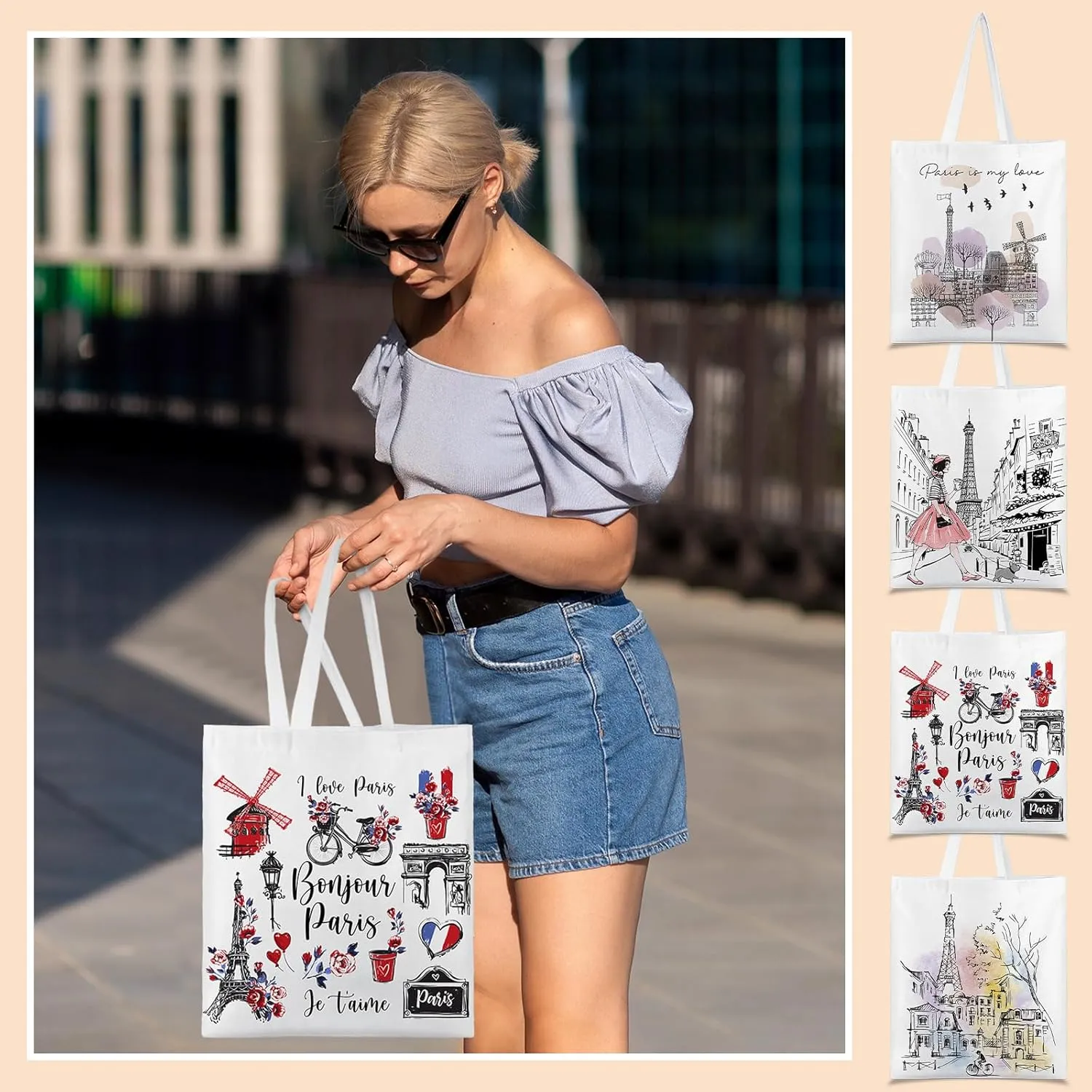 Paterr 4 Pcs City Souvenir Tote Bag-New York Chicago Seattle Los Angeles Boston San Francisco Paris Italy Las Vegas Nashville