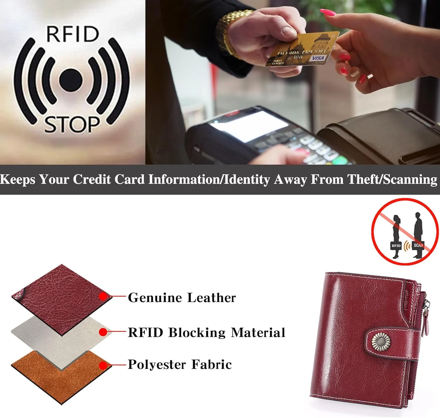 Personalized Customized Small Wallet,Engraved Name Leather Wallets Bifold Card Holder RFID Blocking with Zipper Coin Pocket Purse For Women (Wax-Burgundy)