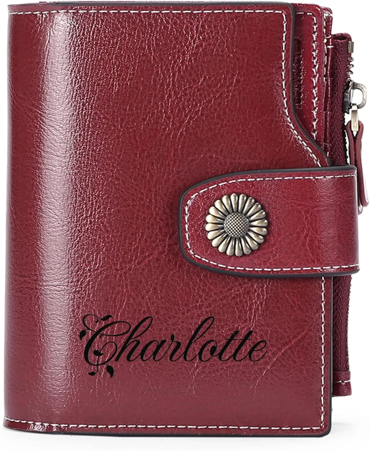 Personalized Customized Small Wallet,Engraved Name Leather Wallets Bifold Card Holder RFID Blocking with Zipper Coin Pocket Purse For Women (Wax-Burgundy)