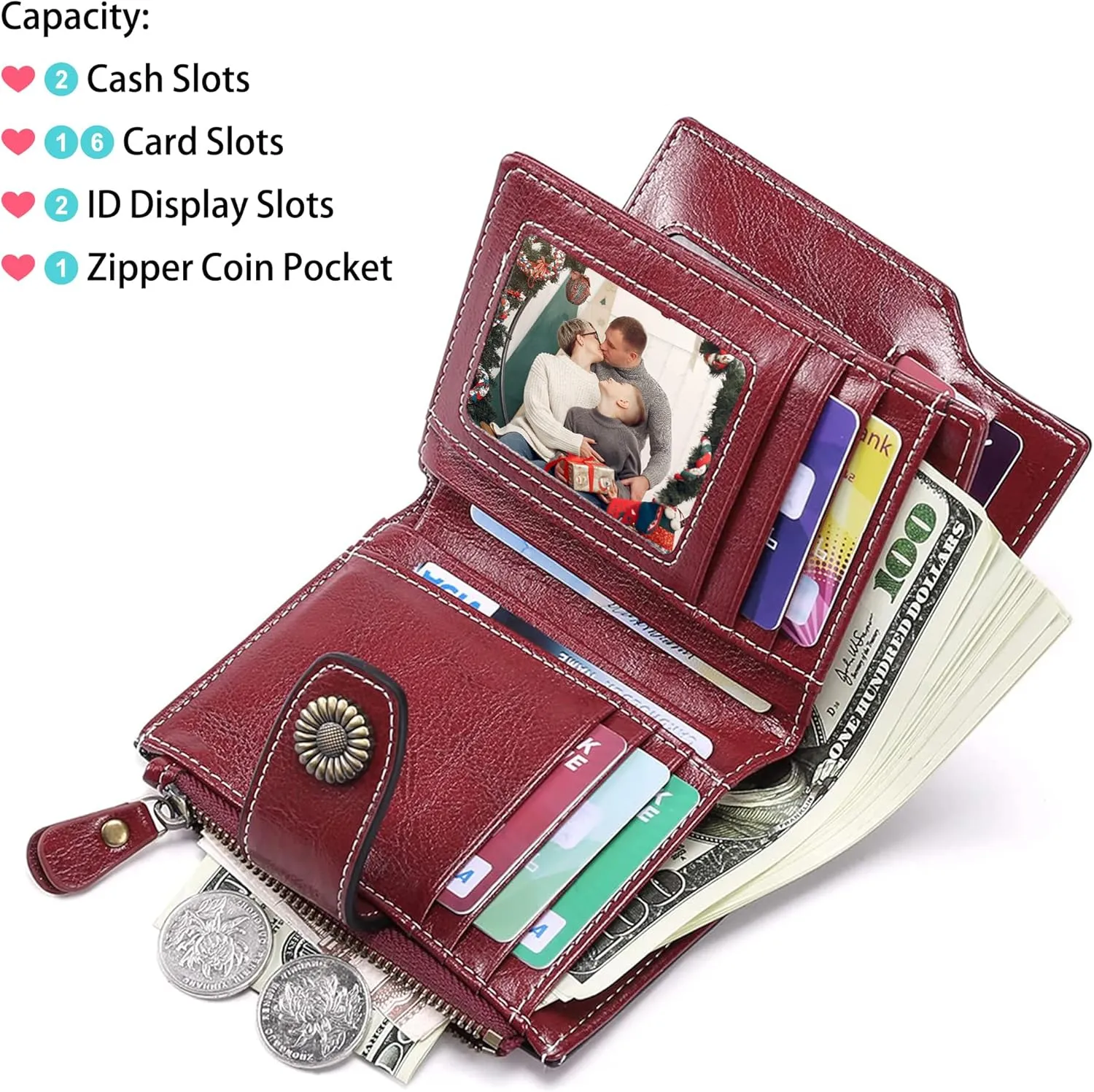 Personalized Customized Small Wallet,Engraved Name Leather Wallets Bifold Card Holder RFID Blocking with Zipper Coin Pocket Purse For Women (Wax-Burgundy)