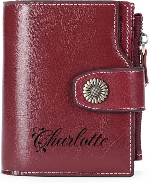 Personalized Customized Small Wallet,Engraved Name Leather Wallets Bifold Card Holder RFID Blocking with Zipper Coin Pocket Purse For Women (Wax-Burgundy)