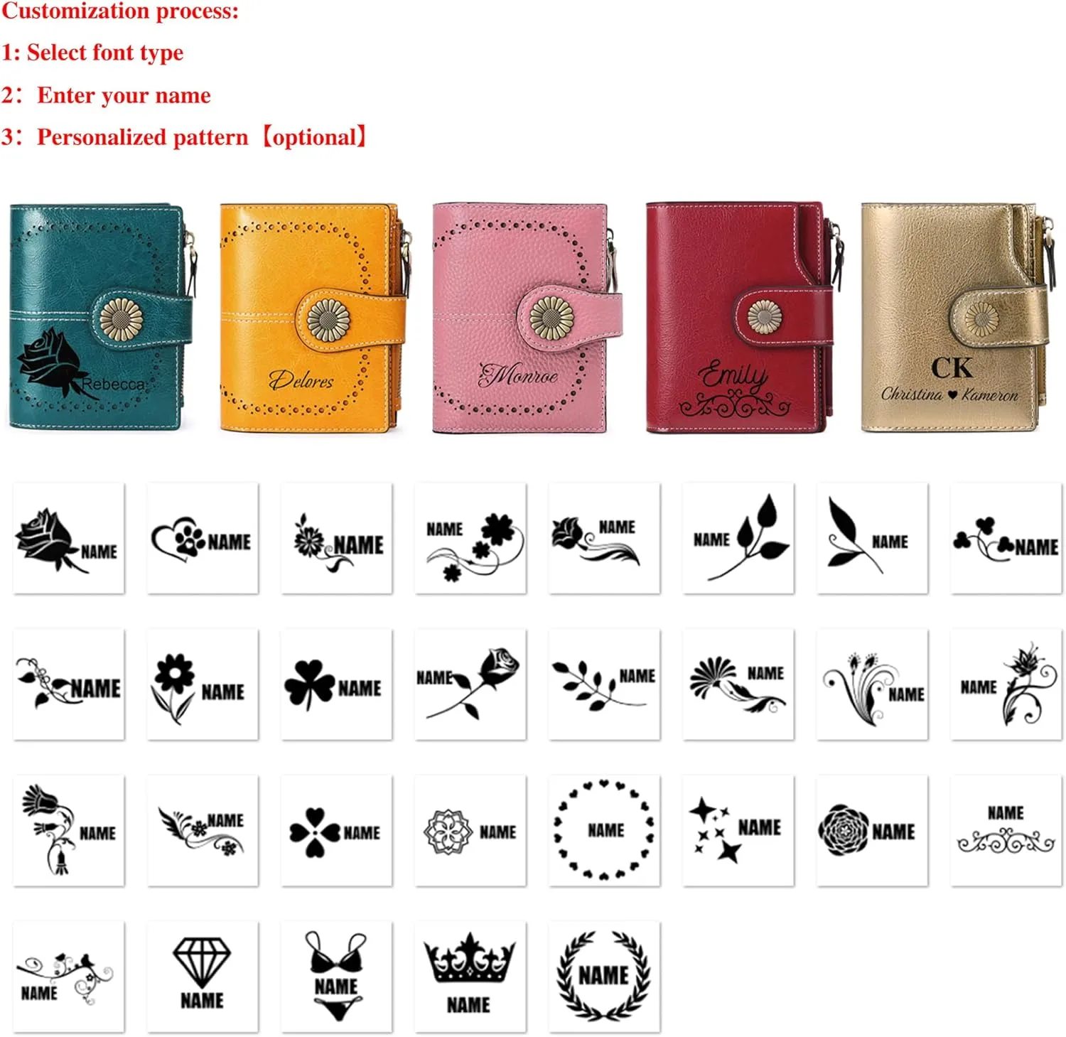 Personalized Customized Small Wallet,Engraved Name Leather Wallets Bifold Card Holder RFID Blocking with Zipper Coin Pocket Purse For Women (Wax-Burgundy)