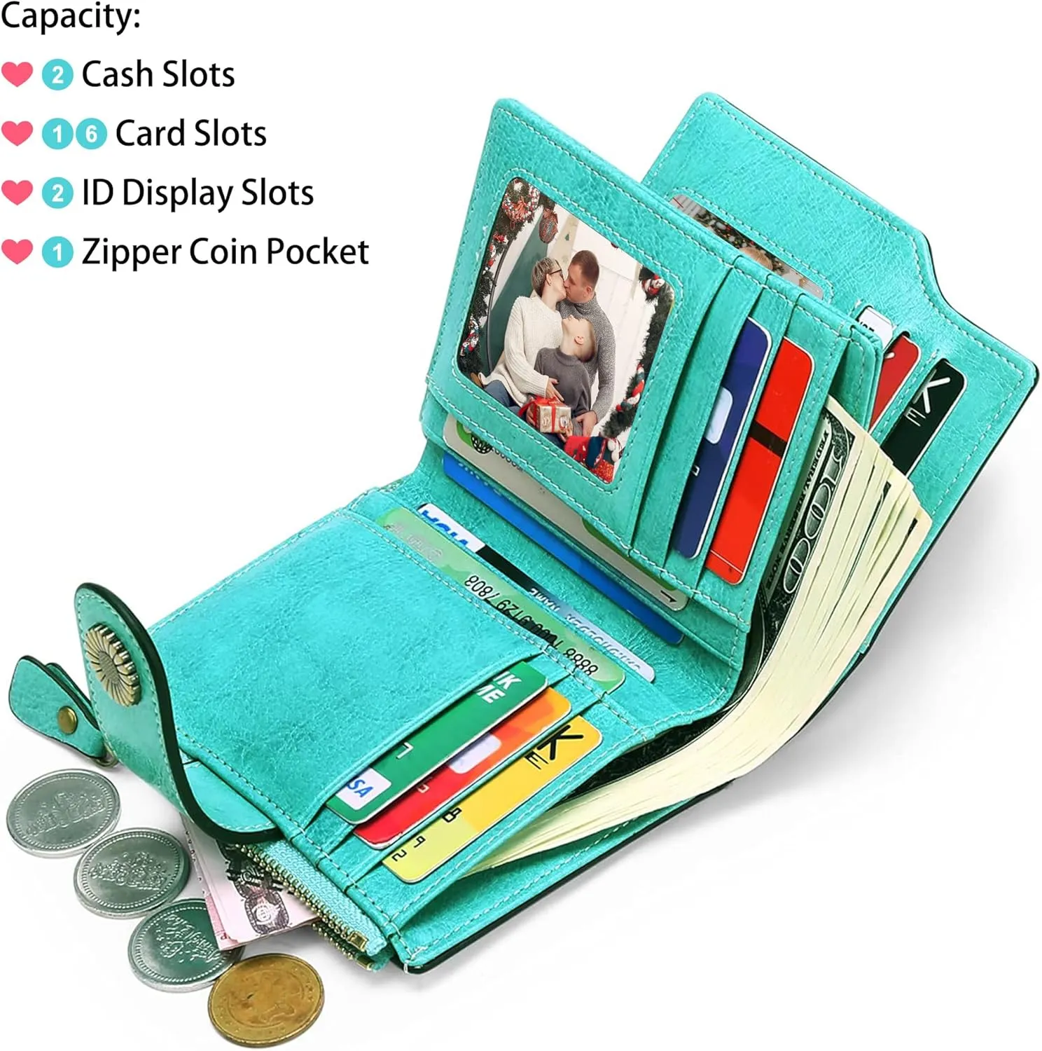 Personalized Customized Small Wallet,Engraved Name Leather Wallets Bifold Card Holder RFID Blocking with Zipper Coin Pocket Purse For Women (Wax-Emerald Green)