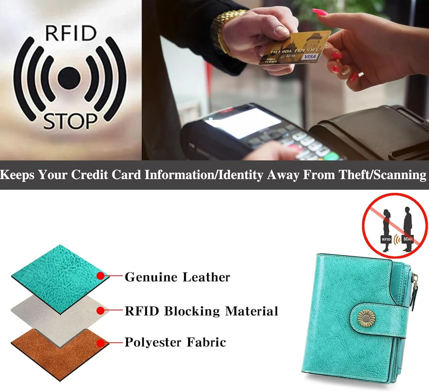 Personalized Customized Small Wallet,Engraved Name Leather Wallets Bifold Card Holder RFID Blocking with Zipper Coin Pocket Purse For Women (Wax-Emerald Green)