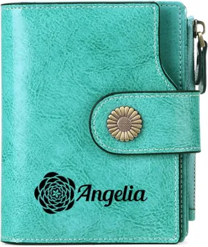 Personalized Customized Small Wallet,Engraved Name Leather Wallets Bifold Card Holder RFID Blocking with Zipper Coin Pocket Purse For Women (Wax-Emerald Green)