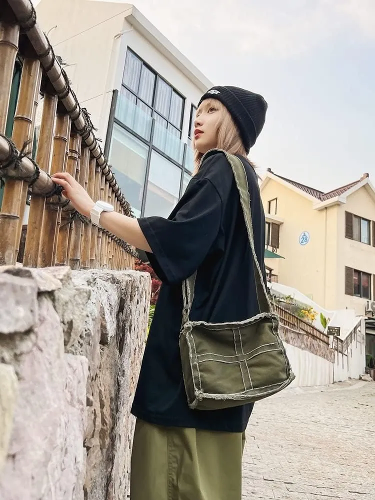Pooyikoi Women Little Canvas Shoulder Bag Female Thick Cloth Small Messenger Bag Retro Vintage Crossbody Tote Bag
