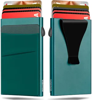 Pop Up Card Holder Wallet - Minimalist Slim Stealth Wallet for Men - RFID Blocking Mens Wallet with Money Clip Cash Pocket - Aluminum Metal Push Button Wallet for Notes, Coins(Green)