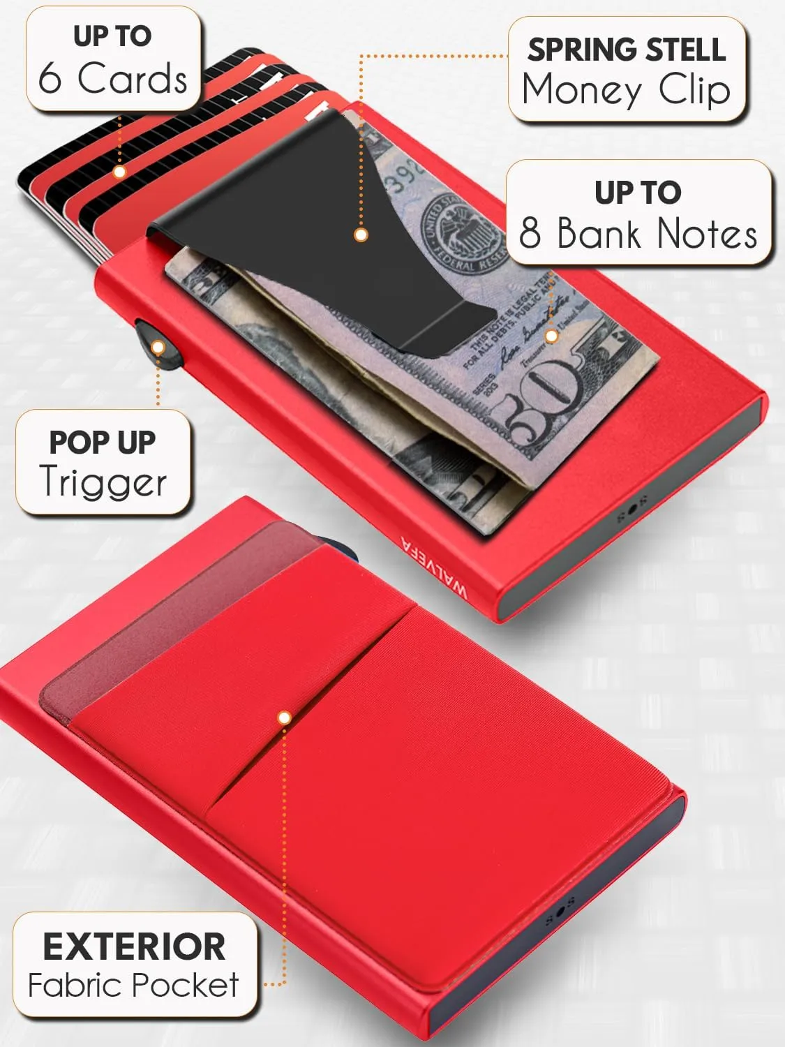 Pop Up Card Holder Wallet - Minimalist Slim Stealth Wallet for Men - RFID Blocking Mens Wallet with Money Clip Cash Pocket - Aluminum Metal Push Button Wallet for Notes, Coins(Red)