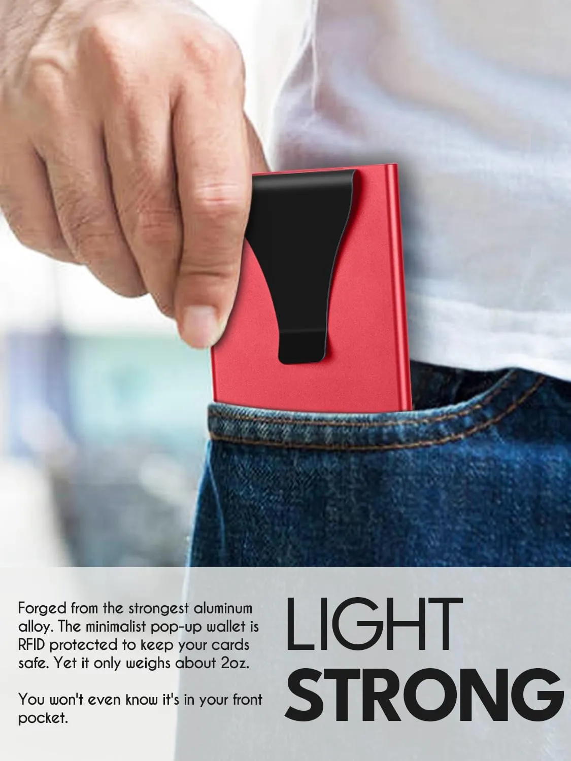 Pop Up Card Holder Wallet - Minimalist Slim Stealth Wallet for Men - RFID Blocking Mens Wallet with Money Clip Cash Pocket - Aluminum Metal Push Button Wallet for Notes, Coins(Red)