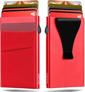 Pop Up Card Holder Wallet - Minimalist Slim Stealth Wallet for Men - RFID Blocking Mens Wallet with Money Clip Cash Pocket - Aluminum Metal Push Button Wallet for Notes, Coins(Red)