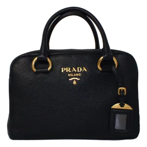 Prada Vitello Phenix Black Leather Web Stripe Crossbody Satchel Bag