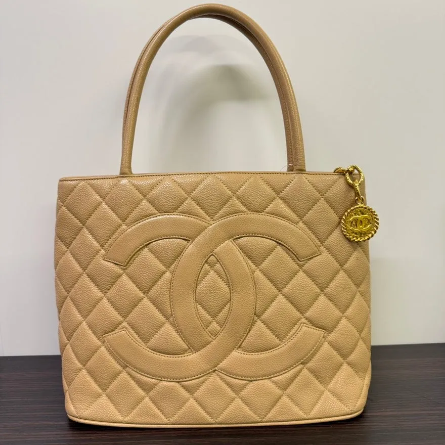 Preloved Chanel Caviar Leather Medallion Tote Bag Beige