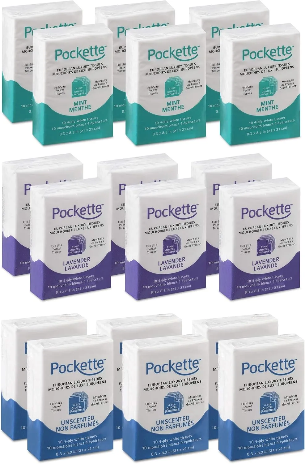 Premium 4 Ply Pocket Size Facial Tissues - 18 Packs of 10 (6 Packs of Each: Lavender, Mint, Unscented) | Super Strong and Now Even Softer, Recyclable