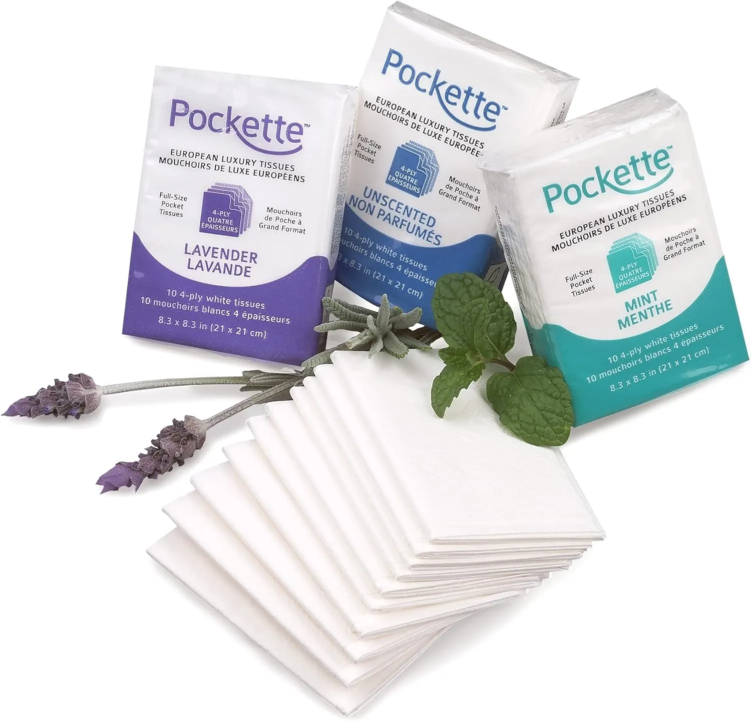 Premium 4 Ply Pocket Size Facial Tissues - 18 Packs of 10 (6 Packs of Each: Lavender, Mint, Unscented) | Super Strong and Now Even Softer, Recyclable