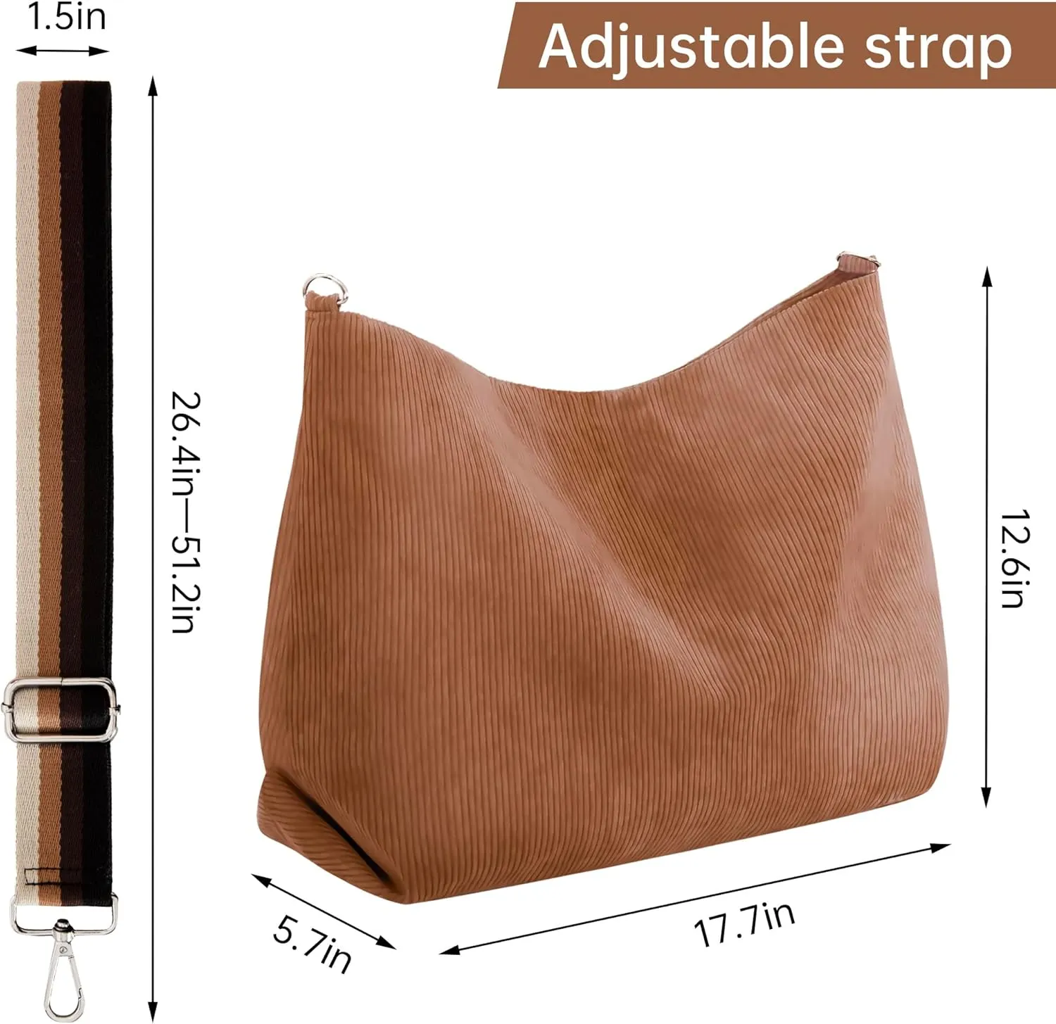Prite Women’s Corduroy Tote Bag with Zipper, Stylish Shoulder Bag with Adjustment Straps for Work, Travel, Daily Use