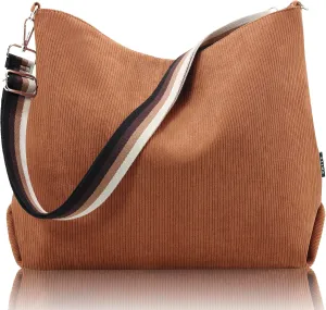 Prite Women’s Corduroy Tote Bag with Zipper, Stylish Shoulder Bag with Adjustment Straps for Work, Travel, Daily Use
