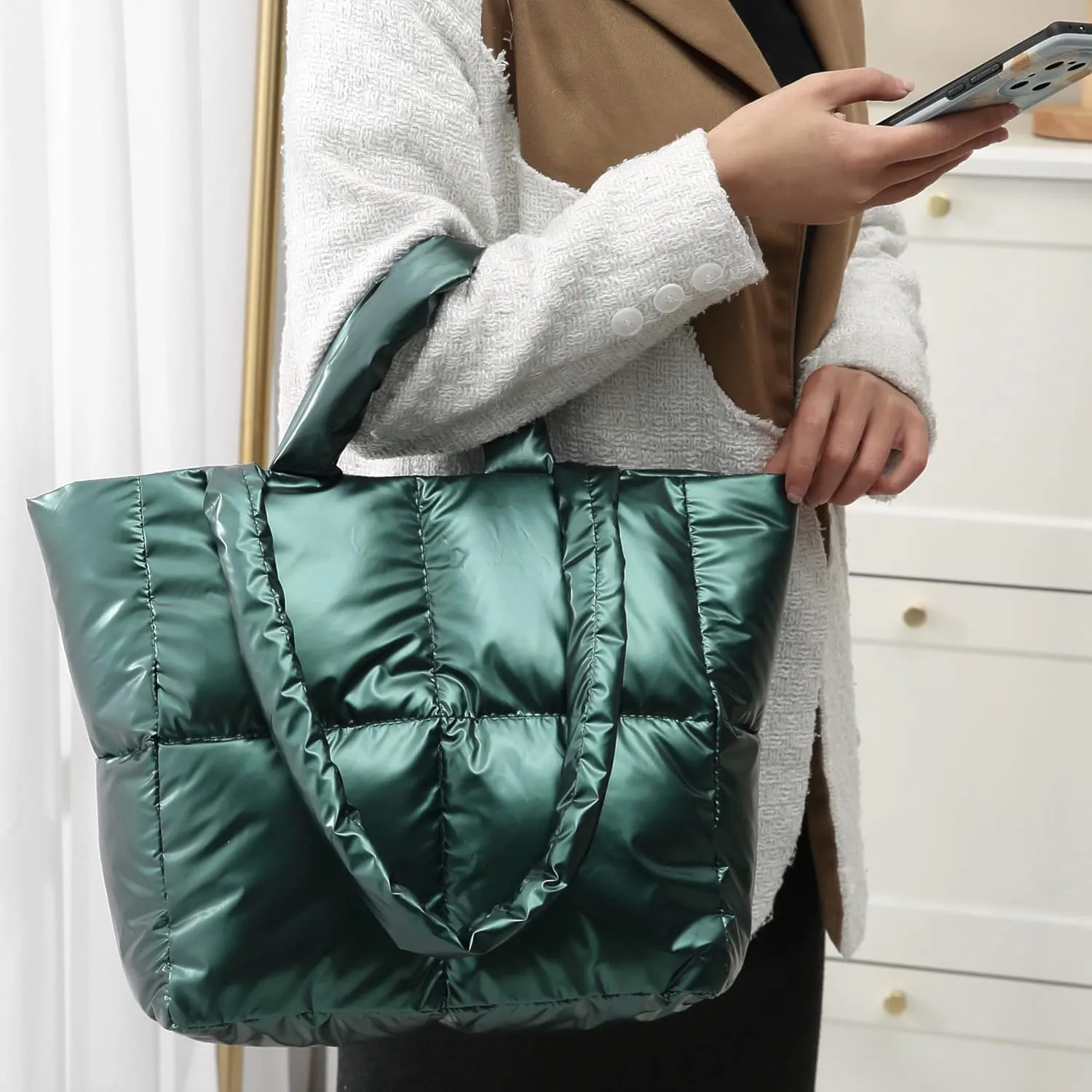 Puffer Bag Padded Puffy Tote Bag, Fluffy Lattice Handbags for Women, Quilted Puffer Tote Bag Shoulder Bag