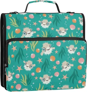 Puffer Fish and Seaweed Zipper Binder, 1.5 inch 3 Ring Binder Organizer Bag with Shoulder Strap and Handle, 500 Sheet Capacity