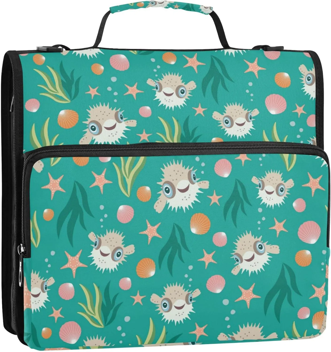 Puffer Fish and Seaweed Zipper Binder, 1.5 inch 3 Ring Binder Organizer Bag with Shoulder Strap and Handle, 500 Sheet Capacity