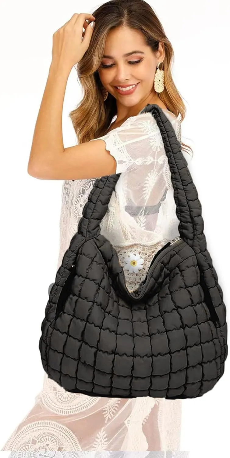 Puffer Hobo Bag for Women, Large Quilted Puffy Handbag, Lightweight Quilted Carryall Shoulder Bag for Work Travel Gym
