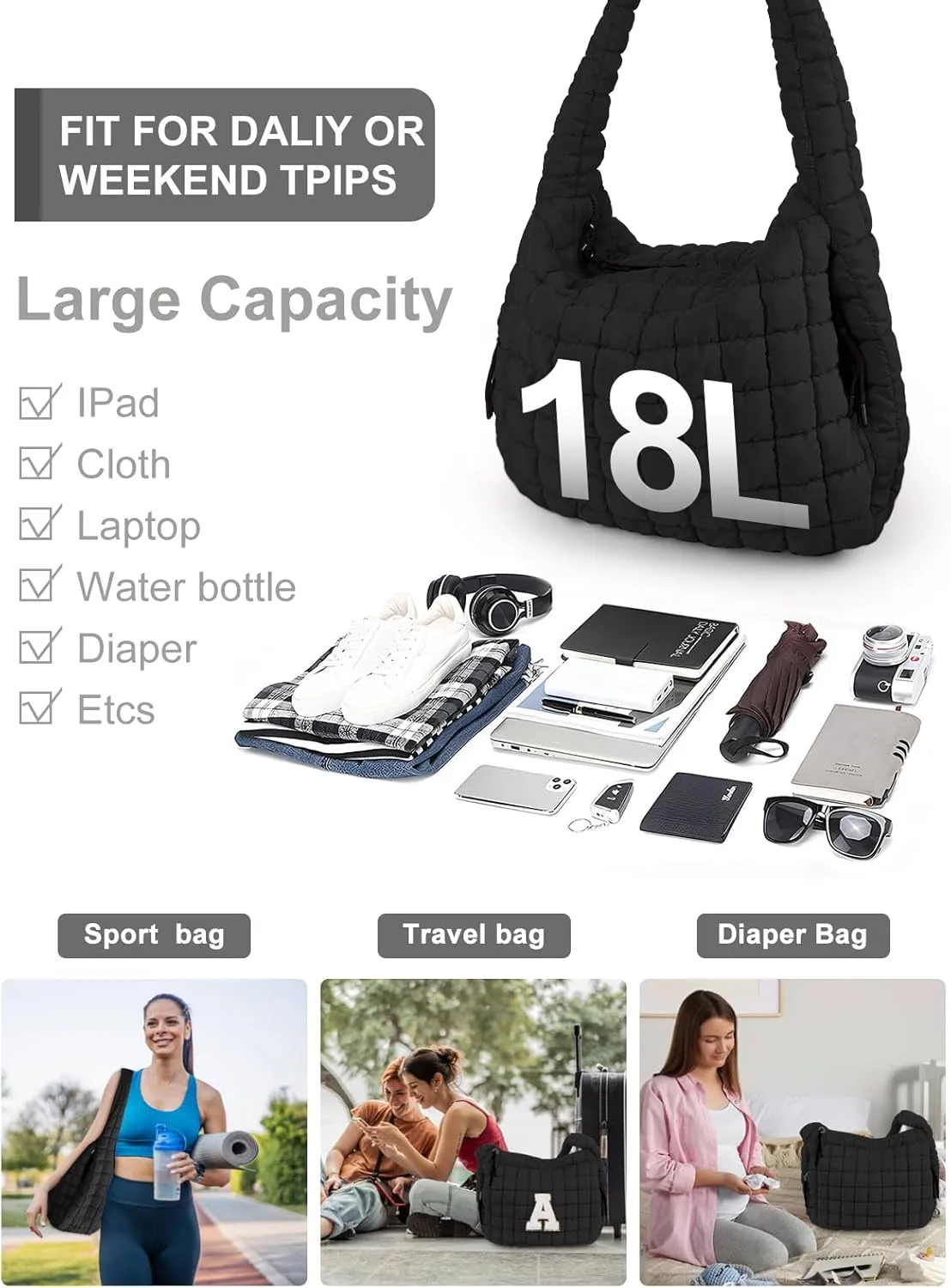 Puffer Tote Bag for Women initial Tote Bag Quilted Large Carryall Bag Puffy Cross-body Bag Hobo Handbags