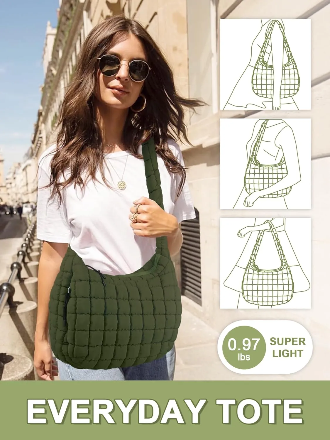 Puffer Tote Bag for Women, Large Quilted Tote Bag Puffy Crossbody Bag with Zipper, Nylon Quilted Carryall Bag Hobo Handbags