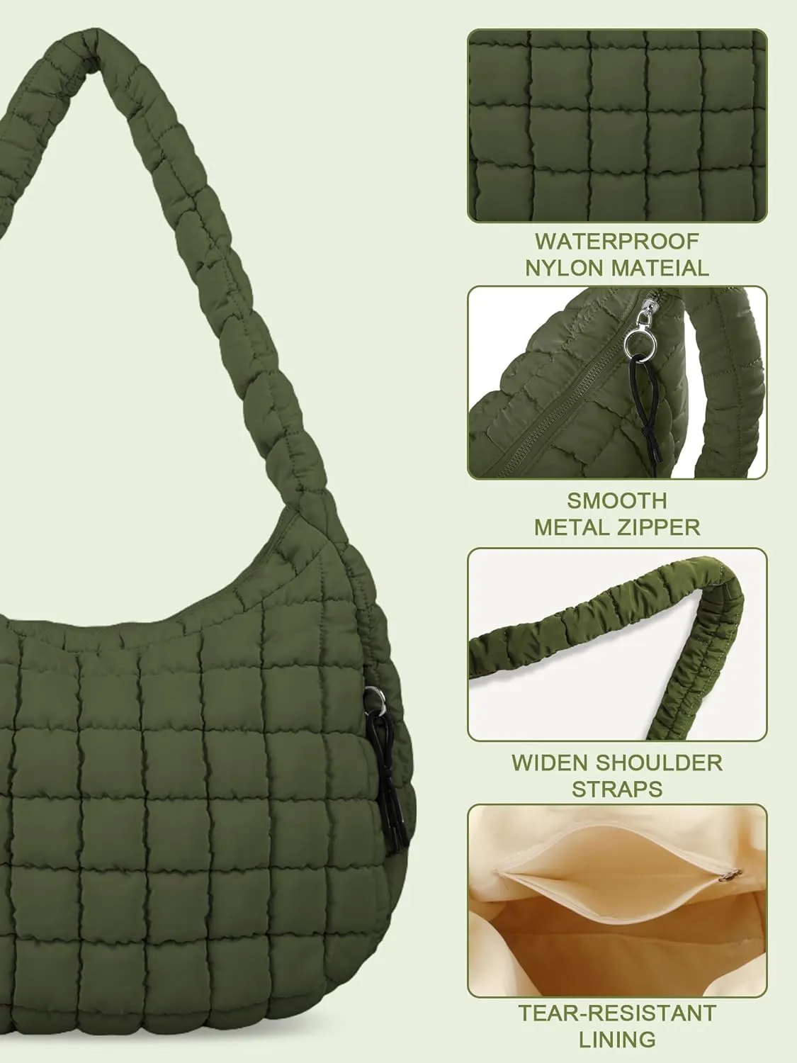 Puffer Tote Bag for Women, Large Quilted Tote Bag Puffy Crossbody Bag with Zipper, Nylon Quilted Carryall Bag Hobo Handbags