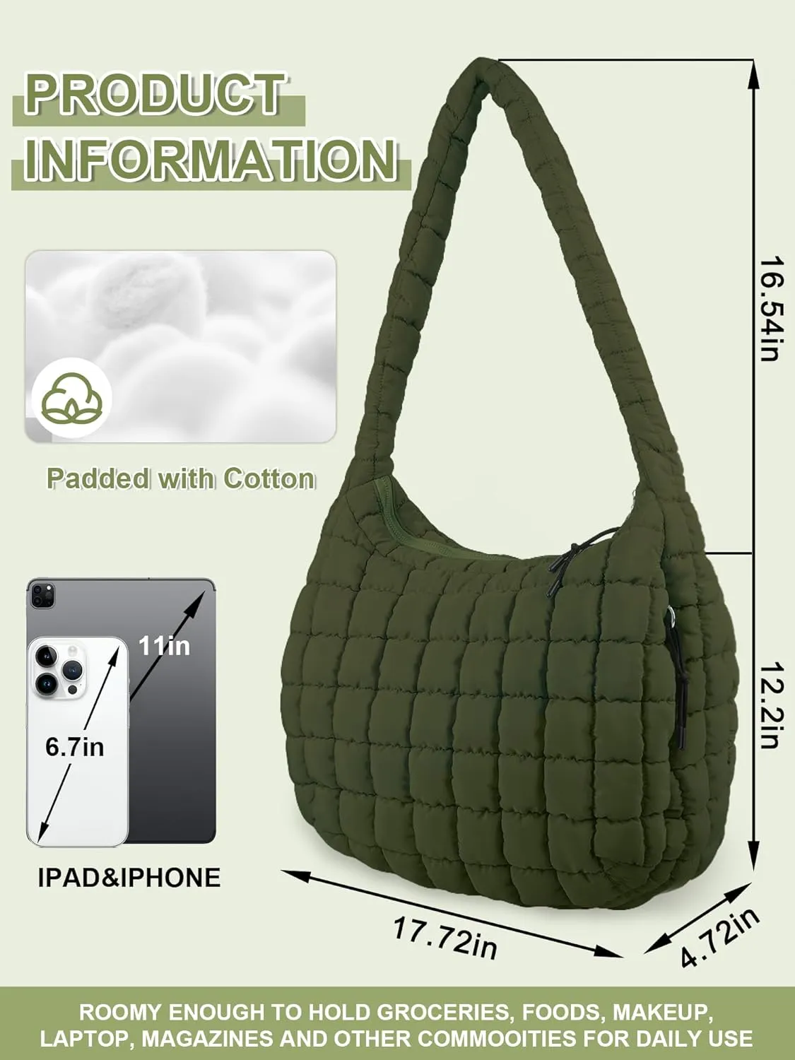 Puffer Tote Bag for Women, Large Quilted Tote Bag Puffy Crossbody Bag with Zipper, Nylon Quilted Carryall Bag Hobo Handbags