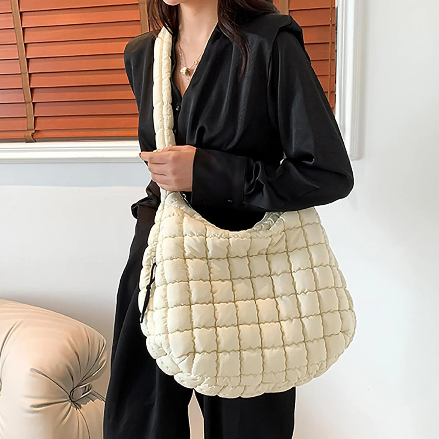 Puffer Tote Bag for Women Quilted Carryall Bags Large Crossbody Bag Puffy Shoulder Bag Lightweight Hobo Handbags