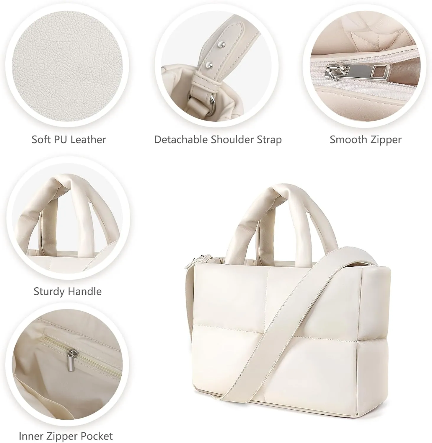 Puffer Tote Bag, Quilted Crossbody Bag with Zip, Top-Handle Shoulder Bags with Removable Strap, PU Leather Handbags for Women