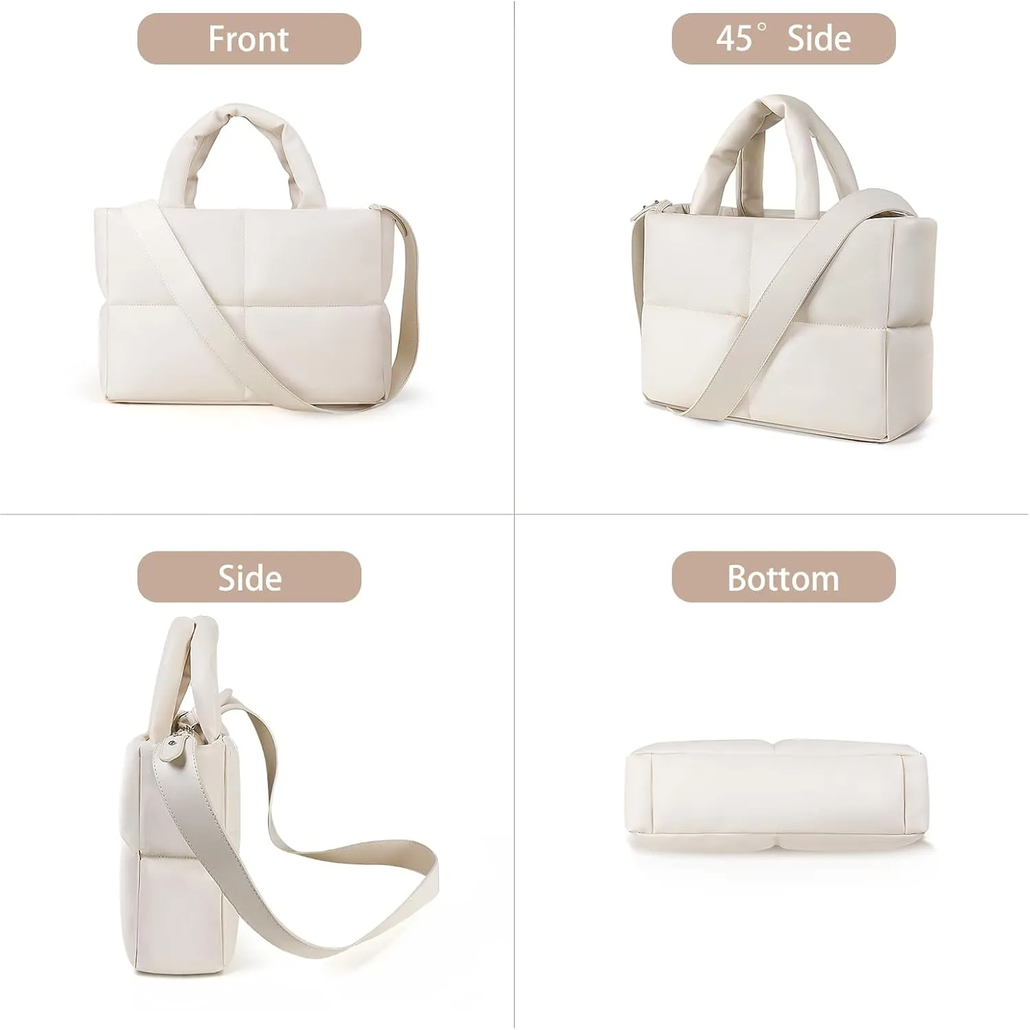 Puffer Tote Bag, Quilted Crossbody Bag with Zip, Top-Handle Shoulder Bags with Removable Strap, PU Leather Handbags for Women