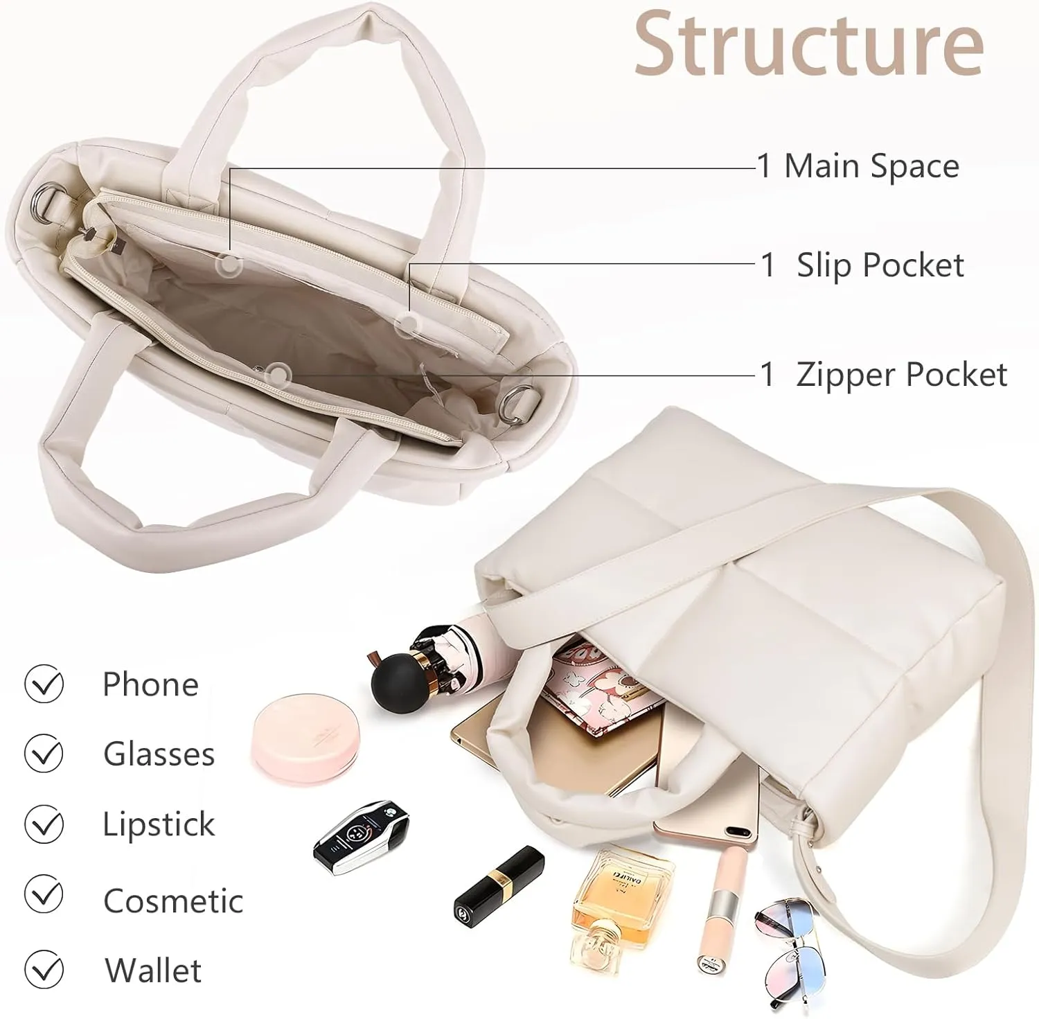 Puffer Tote Bag, Quilted Crossbody Bag with Zip, Top-Handle Shoulder Bags with Removable Strap, PU Leather Handbags for Women