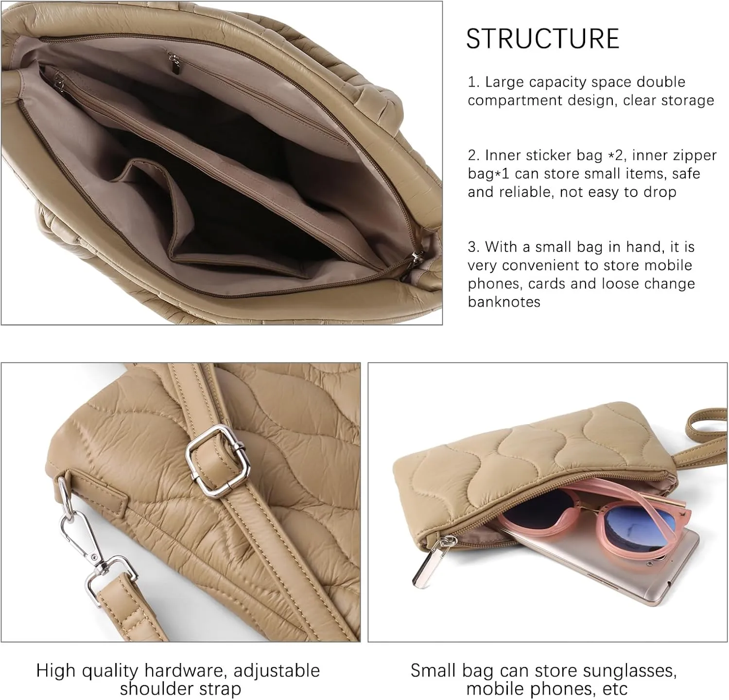 Puffer Tote Bag with zipper for Women, Large Quilted Handbags,Shoulder Bag,Top Handle Satchel for Travel,Work