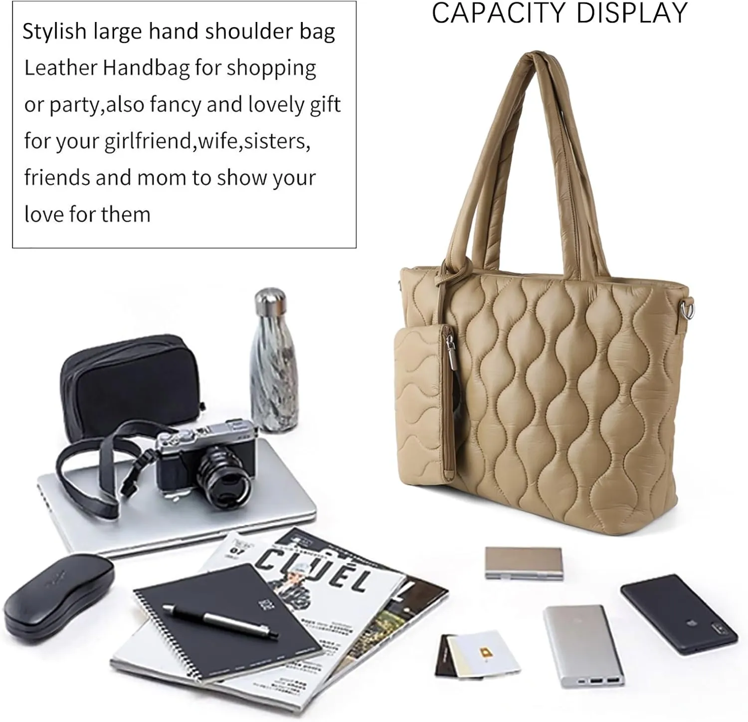 Puffer Tote Bag with zipper for Women, Large Quilted Handbags,Shoulder Bag,Top Handle Satchel for Travel,Work